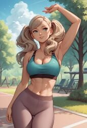 ai_generated ai_hands ann_takamaki atlus blonde_hair blue_eyes cleavage gym_uniform medium_breasts navel persona persona_5 robinlover sports_bra sportswear tagme twintails yoga_pants