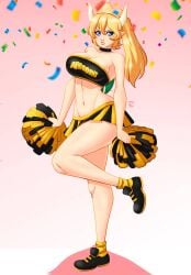 1girls bandeau black_bandeau black_skirt blonde_hair blue_eyes bowsette breasts cheerleader cheerleader_uniform choker crown horns large_breasts looking_at_viewer mario_(series) mesiasart midriff multicolored_skirt navel nintendo pom_poms ponytail skirt turtle_shell yellow_skirt