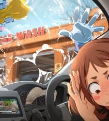 2d 2d_(artwork) 2girls anime anime_style blush boku_no_hero_academia breasts_pressed_on_glass brown_eyes brown_hair building car car_interior car_wash completely_nude completely_nude_female embarrassed embarrassed_female funny gloves green_hair hagakure_tooru hagakure_tooru_(invisible) hagakure_tooru_(visible) invisible invisible_girl khyleri looking_away my_hero_academia nude nude_female ochako_uraraka patreon ring soap_bubbles sponge tagme tooru_hagakure tooru_hagakure_(invisible) uraraka_ochako washing washing_car