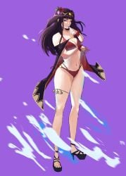 1girls alternate_costume bikini black_hair blunt_bangs breasts cleavage female female female_only fire_emblem fire_emblem_awakening fire_emblem_heroes flower full_body hair_flower hair_ornament high_heels highres long_hair looking_at_viewer medium_breasts navel nintendo official_alternate_costume purple_background red_bikini red_swimsuit rod_langhi smile solo swimsuit tharja_(fire_emblem) tharja_(summer)_(fire_emblem)