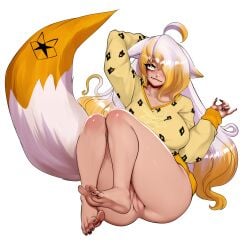 absurdres animal_ears baggy_clothes barefoot black_nails darkestella fox fox_ears fox_girl fox_tail gradient_hair hair_over_one_eye highres kitsune multicolored_hair rafaelrivero114 sweater tail white_hair