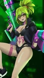 bikini brown_eyes colombian cyberpunk:_edgerunners cyberpunk_2077 female female_focus flat_chest freckles green_hair gun guns hispanic hispanic_virtual_youtuber indie_virtual_youtuber latam_virtual_youtuber light-skinned_female light_skin rebecca_(edgerunners) rebecca_cosplay replika_ai ryumi ryumivt scifi short_hair small_breasts twitch twitch.tv virtual_youtuber vtuber yellow_eyes youtube youtube_hispanic