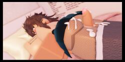 1boy 1girls 3d ass bed brown_hair cum female fishnets lying_on_bed male nubs_rr34 on_bed penis roblox robloxian skirt source_request straight tagme thighs topless watermark
