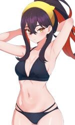 1girls adjusting_hair arms_behind_head arms_up bikini black_bikini black_hair blush breasts brown_eyes carmine_(pokemon) cleavage closed_mouth creatures_(company) female game_freak highres kamidan looking_at_viewer medium_breasts mole mole_under_eye navel nintendo pokemon pokemon_sv red_hair simple_background solo swimsuit white_background