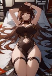 ai_generated big_breasts breasts cleavage cowboy_shot dress female hi_res honkai:_star_rail lingsha_(honkai:_star_rail) long_hair smile thigh_strap thighs vinzyai