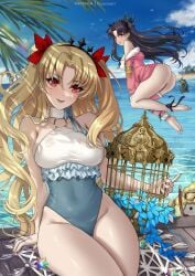 2girls ass beach black_hair blonde_hair cage ereshkigal_(fate) fate/grand_order fate_(series) female female_only heavenly_ass ishtar_(fate) multiple_girls ocean red_eyes ryuuneart space_ereshkigal_(fate) swimsuits thick_ass thick_thighs thighs