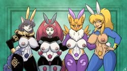 bandai_namco bucky_o'hare_(series) bunny_costume canid canine clothed clothing costume crossover digimon digimon_(species) digital_media_(artwork) domestic_cat felid feline felis female fox genitals gradient_background hi_res human jenny_(bucky_o'hare) krystal lineup mammal metroid nintendo nipples partially_clothed pubes pussy renamon samus_aran simple_background star_fox stogiegoatarts