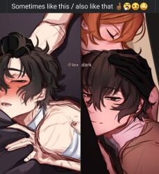 2boys 2males after_sex aftercare blush bottom_dazai brown_eyes brown_hair brunet bsd bungo_stray_dogs bungou_stray_dogs chuuya_nakahara dazai_osamu dominant_male hugging hugging_partner implied_penetration implied_sex lex_dark male male/male male_only malesub meme meme_reference mouth_open nakahara_chuuya osamu_dazai red_hair smile smiling smirk smug soft_domination sometimes_like_this_also_like_that submissive_male unseen_penetration