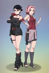 2girls aged_down aged_up barefoot bike_shorts black_eyes black_hair boots boruto:_naruto_next_generations boruto:_two_blue_vortex breasts cleavage clothing earrings erect_nipples erect_nipples_under_clothes female female_only full_body fully_clothed glasses green_eyes heel_boots high_heels high_resolution innie_pussy inverted_nipples jacket long_legs looking_at_viewer mother_and_daughter multiple_girls naruto naruto_shippuden nipples noxdsa nude petite petite_body pink_hair pinup pussy sakura_haruno sarada_uchiha shirt short_hair shorts skirt small_breasts smaller_female tagme take_your_pick teenage_girl teenager time_paradox tubetop uchiha_symbol