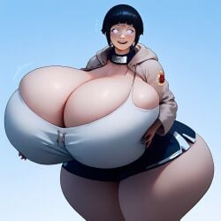 ai_generated black_hair huge_ass huge_breasts hyper hyper_breasts hyuuga_hinata hyuuga_hinata(genin) jacket konohagakure_symbol naruto naruto_(classic) naruto_(series) ninja_headband short_hair shorts silenteye white_eyes white_shirt wide_hips