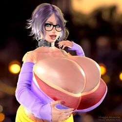 3d breasts breasts_bigger_than_head breasts_bigger_than_torso bulging_breasts clothed female gigantic_breasts glasses heterochromatic_pupils heterochromia huge_breasts human light-skinned_female light_skin maggie_bluxome_(artist) second_life violet_hair