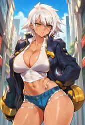 2d ai_generated blazblue bullet_(blazblue) city cleavage dark-skinned_female dark_skin denim_shorts female female_focus female_only jacket micro_shorts outdoors scar short_hair shorts solo solo_female solo_focus tagme white_hair yellow_eyes