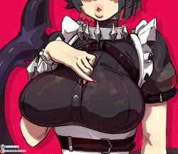 1girls big_breasts black_hair breasts_focus busty clothed dark_hair dick_sucking_lips ellen_joe female female_only hoyoverse huge_breasts large_breasts light-skinned_female light_skin lips liuskin maid maid_outfit maid_uniform mihoyo multicolored_hair pink_hair plump_butt shark_tail short_hair tail thick_lips zenless_zone_zero