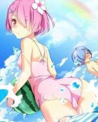 ass beach beach_ball blue_eyes blue_hair butt pink_eyes pink_hair ram_(re:zero) re:zero_kara_hajimeru_isekai_seikatsu rem_(re:zero) summer swimsuit tagme