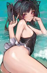 1girls ass black_hair female female_only frills ginga_elyka heart_symbol himemiya_rie light-skinned_female light_skin looking_at_viewer naokomama one-piece_swimsuit peace_sign phase_alias phase_connect red_eyes smile solo swimsuit twintails v v_sign virtual_youtuber water