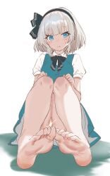 aqua_eyes aqua_skirt aqua_vest barefoot black_bow black_bowtie black_hairband blunt_bangs bow bow_hairband bowtie clenched_hands collared_shirt dot_nose female full_body green_background grey_hair hairband hands_on_own_knees head_tilt highres konpaku_youmu light_blush light_censor looking_at_viewer medium_hair no_panties pleated_skirt puffy_short_sleeves puffy_sleeves raised_eyebrows shirt short_sleeves sidelocks simple_background sitting skirt skirt_set soara_shimomo soles sweatdrop thick_thighs thighs touhou two-tone_background white_background white_shirt