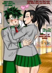 1boy 1girls black_eyes black_hair blush dialogue english_text female green_eyes green_hair hands_on_cheeks hearts hearts_around_head izuku_midoriya light_skin male messy_hair momo_yaoyorozu my_hero_academia ponytail raidon_dimentional_land scars scars_on_face scars_on_hand school_uniform tied_hair u.a._school_uniform