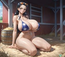 1girls ai_generated big_breasts bikini blue_eyes blue_hair curvy curvy_body curvy_figure female female_only huge_breasts long_hair marshalperv nico_robin one_piece pervmarshal solo squatting stable