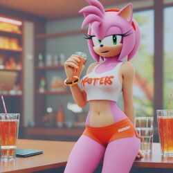 ai_generated amy_rose anthro big_breasts green_eyes holding_drink hooters_uniform looking_at_viewer sega sonic_(series) sonic_the_hedgehog_(series)