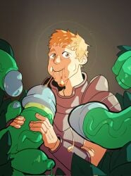 armor bara big_penis blonde_hair clothing delicious_in_dungeon dungeon_meshi erection huge_cock laios_touden male male_only masturbation muscular_male penis pinkmustacheguy