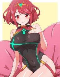 1girls black_one-piece_swimsuit breasts chest_jewel closed_mouth commentary_request covered_navel female hand_on_own_chest headpiece highres kamidan large_breasts looking_at_viewer one-piece_swimsuit pyra pyra_(pro_swimmer)_(xenoblade) pyra_(xenoblade) red_eyes red_hair short_hair simple_background smile solo swept_bangs swimsuit thighs xenoblade_chronicles_(series) xenoblade_chronicles_2 yellow_background