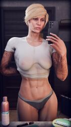 3d abs athletic_female female hairy_pussy muscular_female panties pubic_hair_peek rainbow_six_siege tank_top tattoo trahao valkyrie_(rainbow_six)