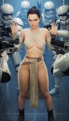 1girls 3d daisy_ridley fugtrup gun hands_up imminent_rape light-skinned_female light_skin loincloth no_bra no_panties pelvic_curtain revealing_clothes rey star_wars the_force_awakens thighs underboob