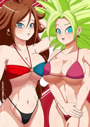 2girls android_21 android_21_(human) bikini blue_eyes blush breasts breasts_to_breasts brown_hair bryaxrt dragon_ball dragon_ball_fighterz dragon_ball_super dragon_ball_super_super_hero ear_piercing earrings female fusion green_eyes green_hair hand_on_head kefla large_breasts light-skinned_female light_skin long_hair looking_at_viewer milf open_mouth panties potara_earrings saiyan short_hair smiling spiky_hair standing super_saiyan vomi_(dragon_ball)