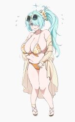 aqua_eyes aqua_hair arius_satellite_school_student arius_squad_(blue_archive) bikini blue_archive blush breasts eyewear_on_head female flower hair_flower hair_ornament hair_over_one_eye highres hiyori_(blue_archive) hiyori_(swimsuit)_(blue_archive) huge_breasts karaage53ko long_hair navel nervous plump sandals shocked shortstack simple_background solo standing sunglasses swimsuit weight_gain white_background