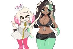 2girls bare_shoulders blush brown_hair cleavage clenched_teeth cropped_jacket crown feet_out_of_frame fingerless_gloves gradient_hair green_blush green_eyes green_hair green_legwear hands_on_hips inkling inkling_girl jacket large_breasts leaning_forward long_hair marina_(splatoon) medium_breasts medium_hair midriff mole mole_under_mouth nervous nervous_smile octoling octoling_girl off_the_hook_(splatoon) pearl_(splatoon) pink_hair pink_legwear shorts simple_background sleeveless splatoon splatoon_2 sweatdrop tentacle_hair two_tone_hair unepicroachy unzipped white_background white_hair wide_hips wip yellow_eyes zipper