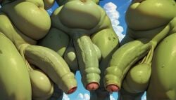 3futas ai_generated belly chubby close_up comparing_penis flaccid foreskin futanari goblin goblin_futanari goblinenthusiast green_skin large_penis large_testicles outdoors penis penis_comparison penis_focus self_upload testicles thick_thighs