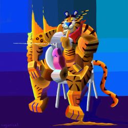 abstract_art absurd_res anthro cagorical chair felid frosted_flakes furniture hi_res kellogg's kerchief male male/male mammal mascot muscular muscular_male neckerchief on_chair pantherine sitting sitting_on_chair solo tiger tony_the_tiger