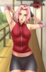 1girls armpit armpit_fetish armpits arms_behind_back arms_behind_head arms_up bike_shorts clothed clothing elbow_pads female female_focus female_only fully_clothed gloves green_eyes headband looking_at_viewer medium_hair naruto naruto_(series) naruto_shippuden necroxxx open_mouth pale-skinned_female pale_skin petite pink_hair pose posing pussy red_clothing sakura_haruno shorts sleeveless sleeveless_shirt slim solo solo_female solo_focus standing sweat sweatdrop teenager voluptuous wide_hips