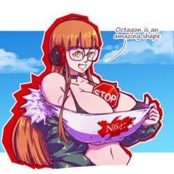 1girls big_breasts bra breasts clothed clothed_female clothes color crop_top english english_text female female_only fully_clothed glasses huge_breasts long_hair looking_at_viewer meme midriff n647 orange_hair persona persona_5 photo sakura_futaba smile smiling solo stop_sign talking_to_viewer text