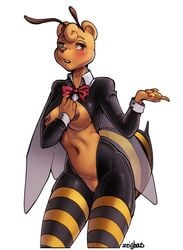 antennae_(anatomy) anthro arthropod bee bee_costume blush bottomless bow_tie breasts clothed clothing female genitals hi_res hybrid hymenopteran insects legwear mammal nipples pattern_clothing pattern_legwear pattern_stockings pussy skimpy solo standing stinger stockings striped_clothing striped_legwear striped_stockings stripes thigh_highs ursid wings zeighous