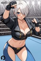 ai_generated angel_(kof) bangs black_gloves black_jacket black_panties blue_eyes blush bra breasts chaps cleavage clenched_hands closed_mouth collarbone cowboy_shot crop_top cropped_jacket female fingerless_gloves gloves hair_over_one_eye jacket king_of_fighters large_breasts leather leather_jacket lips looking_at_viewer midriff navel panties pikkiwynn short_hair solo stage_lights stomach strapless strapless_bra underwear white_hair wrestling_ring