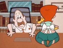 1boy 1boy1girl 1girls big_ass clothed dexter's_laboratory dexter's_mom fully_clothed green_pants huge_ass mature_female milf mother rear_view red_hair sitting table tight_clothing