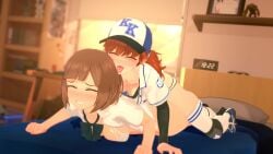 2girls anna_anon anna_skyler anonymous_artist baseball_cap baseball_uniform bed bedroom cheating cleats ela_amano humping implied_futanari koikatsu lesbian_sex orgasm_face school_uniform schoolgirl sex_from_behind thighhighs twintails yuri