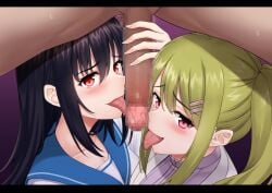 1boy 2girls absurdres akatsuki_moegi akatsuki_reina black_hair censored commentary_request commission cooperative_fellatio fellatio green_hair hair_ornament hairclip highres lab_coat licking licking_penis long_hair looking_at_viewer mosaic_censoring multiple_girls oral penis purple_eyes red_eyes saikai_academy_school_uniform saliva satosi school_uniform side_ponytail simple_background skeb_commission step-siblings straight strike_the_blood tongue tongue_out