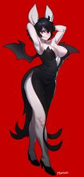 animal_humanoid arms_behind_back bat bat_ears bat_girl bat_wings black_hair chiropteran cleavage clothing dress elegant eva_(sem-l-grim) eyeshadow fangs female female_only heels highres humanoid looking_at_viewer medium_hair narrowed_eyes pale-skinned_female pale_skin pgm300 red_background red_eyes schewiener smiling smiling_at_viewer solo solo_female wings