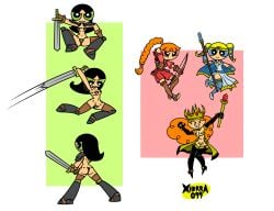 4girls armor armwear ass bangs belly_button black_hair blonde_hair blossom_(powerpuff_girls) blue_eyes boots bow_(weapon) breasts bubbles_(powerpuff_girls) butt buttercup_(powerpuff_girls) cape crown dress female female_only freckles gloves green_eyes half-dressed half_naked half_nude human human_only light-skinned_female light_skin long_hair multiple_girls navel navel_piercing orange_hair pale-skinned_female pale_skin partially_clothed partially_naked partially_nude piercing pink_eyes ponytail powerpuff_girls princess_morbucks rear_view shirt shoes shorts siblings sisters sorceress stockings superheroine sword thong twintails wand xierra099