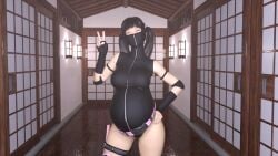 1girls 3d asian asian_female belly big_belly black_hair closed_eyes female icarusillustrations kunoichi ninja pregnant solo twintails v_sign