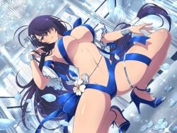 antenna_hair armpits bare_belly bare_legs bare_shoulders bare_thighs belly_button belly_chain big_breasts black_eyes black_hair blue_footwear blush body_blush breasts cleavage crossover detached_sleeves dress_ribbon flower hair_ornament high_heels ikkitousen indoors jewelry kan'u_unchou long_hair official_art one_eye_covered open_mouth senran_kagura_new_link shiny_skin sideboob squatting tan thighs underboob wrapped wrist_cuffs yaegashi_nan