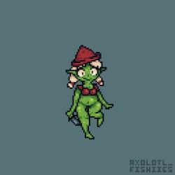 1boy 2024 axolotl_fishies blonde blonde_hair bra chubby dysphoria_(rpg) femboy femboy_only goblin goblin_femboy green_body green_skin hat pixel_art shortstack small_breasts smaller_male solo solo_femboy solo_focus solo_male tagme