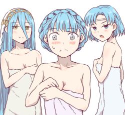 3girls angry azura_(fire_emblem) blue_hair blush breasts embarrassed female female_only fire_emblem fire_emblem:_the_binding_blade fire_emblem:_three_houses fire_emblem_fates grey_eyes headband kuhuku006f86 long_hair looking_at_viewer marianne_von_edmund medium_breasts multiple_girls naked_towel nintendo open_mouth short_hair small_breasts surprised thea_(fire_emblem) towel white_headband wide-eyed yellow_eyes