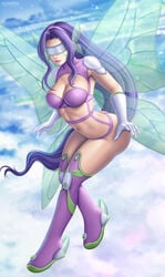 1girls 4_wings big_ass bra breasts butterfly_wings cleavage covered_eyes digimon digimon_frontier fairimon fairy fairy_wings fairymon female female_only flowerxl kazemon long_hair purple_hair solo thick_thighs thighhighs thong toned toned_female visor wings