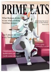 absurd_res anthro blue_eyes cake chest_tuft cover dessert diner english_text food fur genitals hi_res looking_at_viewer magazine_cover male male_only markings micropenis penis restaurant small_penis solo spots spotted_body spotted_fur text the_nature_of_predators thelonearch tuft venlil_(the_nature_of_predators)