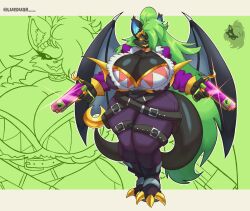 2024 anthro big_breasts boobs_and_butt_pose boobs_bang breast_expansion breast_squeeze breasts crown demon fangs female fortnite friday_night_funkin fusion green_hair gun highwire_(fortnite) lueduar midnight_(friday_night_funkin) reference saliva skirt_lift sweat tail tongue tongue_out wings