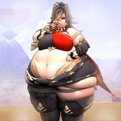 1girl 1girls 3d 3d_(artwork) bbw belly belly_button big_belly black_hair black_hair_female blue_eyes blue_eyes_female breasts chubby chubby_female dark-skinned_female dark_skin dehya_(genshin_impact) desert exposed_fat_belly fat fat_woman female female_focus female_only genshin_impact hoyoverse mihoyo mihoyo_technology_(shanghai)_co._ltd. morbidly_obese obese obese_female overweight overweight_female solo solo_female solo_focus standing thick_legs thick_thighs