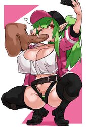 1boy 1girls baseball_cap belt big_breasts black_legwear blowjob boots choker cleavage clothing dark-skinned_male dark_skin disembodied_hip fellatio green_hair holding_phone legwear linnaea_(silviathepony) long_hair looking_at_phone navel_piercing open_shorts original penis penis_grab phone pointy_ears ponytail red_eyes rolled_up_sleeves selfie squatting tank_top thigh_squish very_high_resolution wink zanamaoria